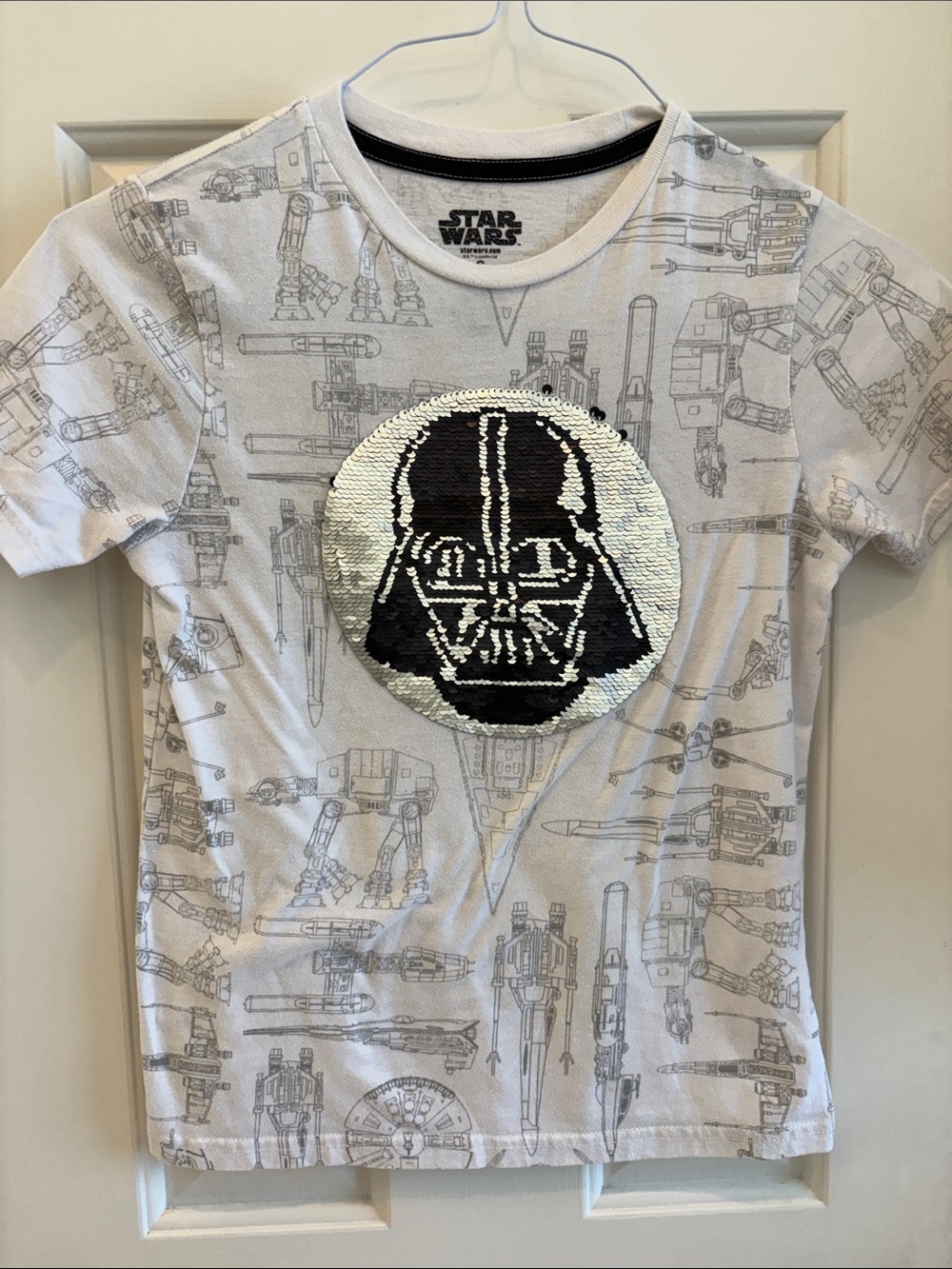 Star Wars White & Black Two Tone Darth Vader Sequin Short Sleeve Tee